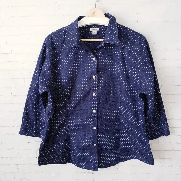 L.L. Bean Womens Top Size XL Navy Blue Print 3/4 Sleeves Button Up Wrinkle Free - Picture 1 of 5